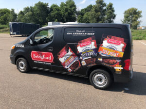 Bridgford Delivery Van wrapped in grey matte with pictures of beef jerky