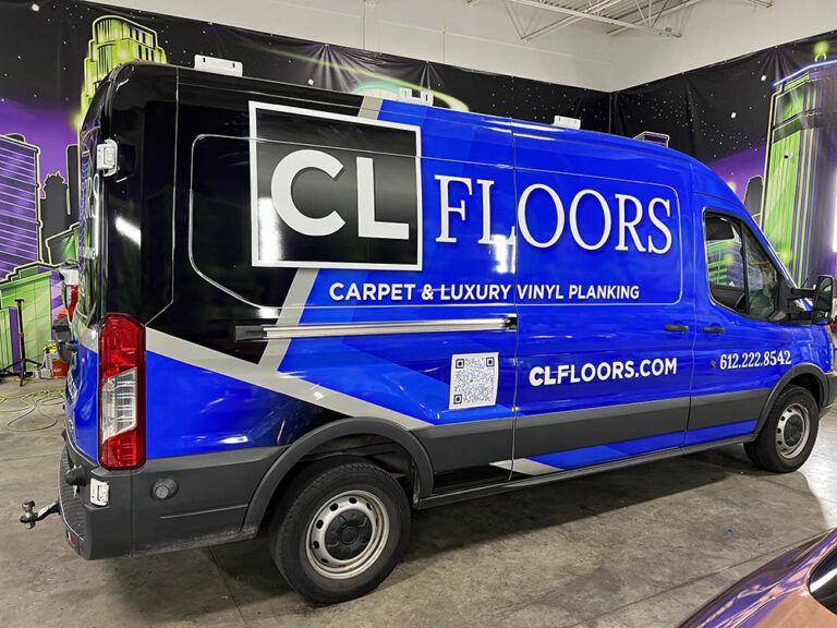 CL Floors van wrapped in blue vinyl